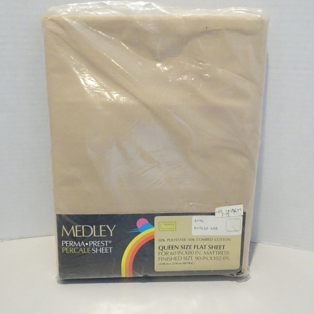 Sears Sheet Queen Flat MEDLEY Perma Prest Percale NEW Tan Vintage Solid